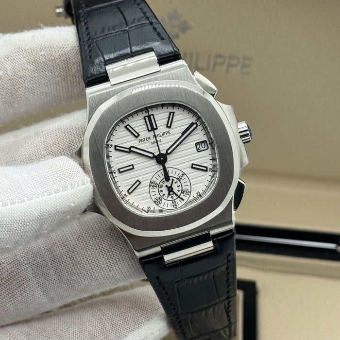 Patek Philippe Nautilus-Inspired Automatic Watch – Swiss Super Clone – White Dial (Leather Strap)