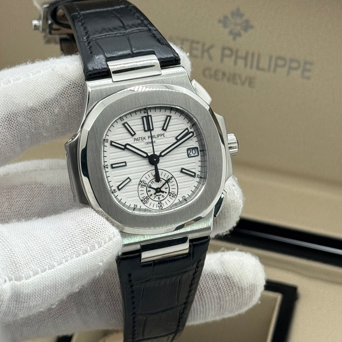 Patek Philippe Nautilus-Inspired Automatic Watch – Swiss Super Clone – White Dial (Leather Strap)