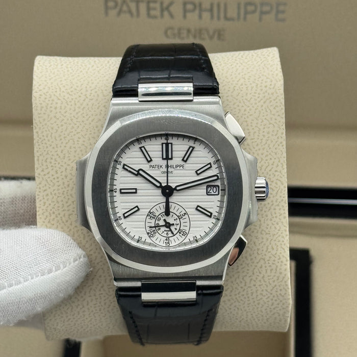 Patek Philippe Nautilus-Inspired Automatic Watch – Swiss Super Clone – White Dial (Leather Strap)