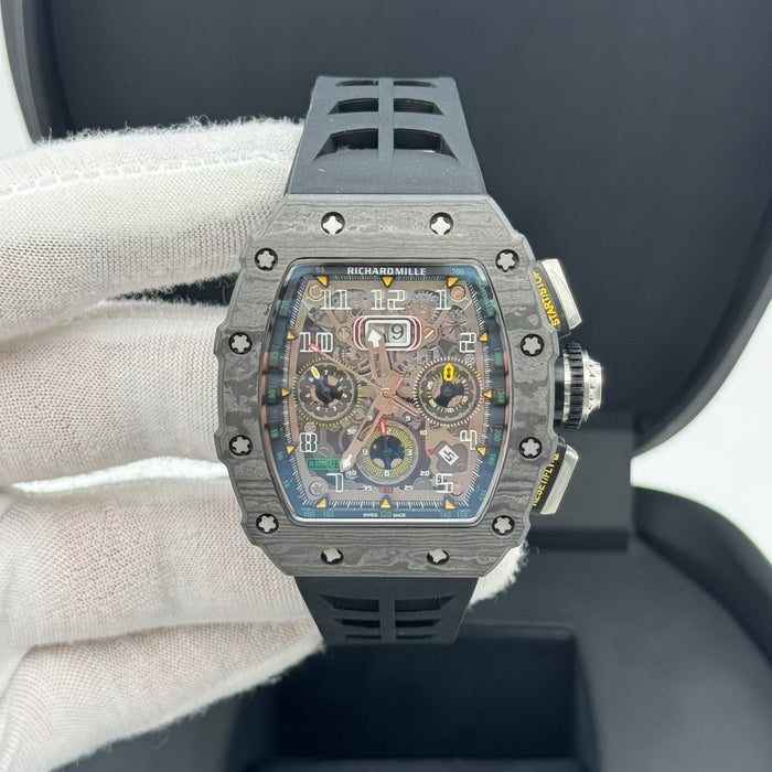 Richard Mille RM11-03 Carbon TPT Flyback Chronograph – Swiss Super Clone | Skeleton Dial | Black Rubber Strap