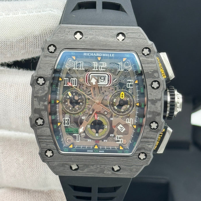 Richard Mille RM11-03 Carbon TPT Flyback Chronograph – Swiss Super Clone | Skeleton Dial | Black Rubber Strap