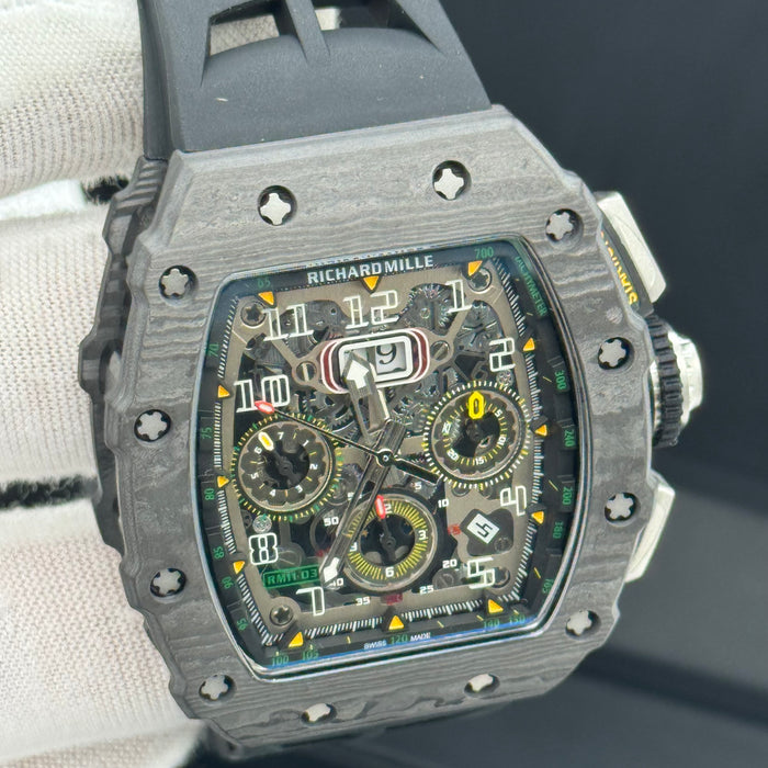 Richard Mille RM11-03 Carbon TPT Flyback Chronograph – Swiss Super Clone | Skeleton Dial | Black Rubber Strap