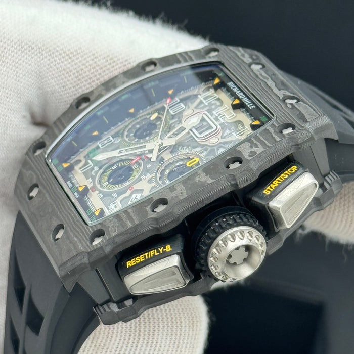 Richard Mille RM11-03 Carbon TPT Flyback Chronograph – Swiss Super Clone | Skeleton Dial | Black Rubber Strap