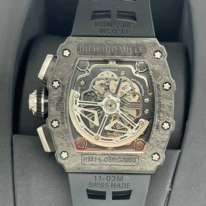 Richard Mille RM11-03 Carbon TPT Flyback Chronograph – Swiss Super Clone | Skeleton Dial | Black Rubber Strap