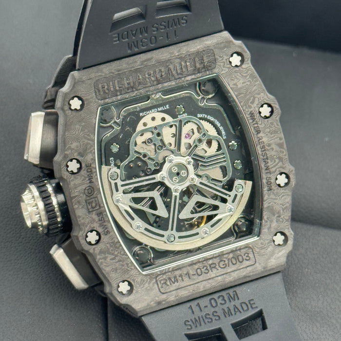 Richard Mille RM11-03 Carbon TPT Flyback Chronograph – Swiss Super Clone | Skeleton Dial | Black Rubber Strap