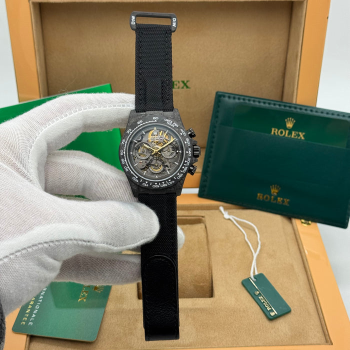 Rolex Daytouna Luxury Skeleton Carbon Chronograph Watch – Black Case | Swiss Automatic Style