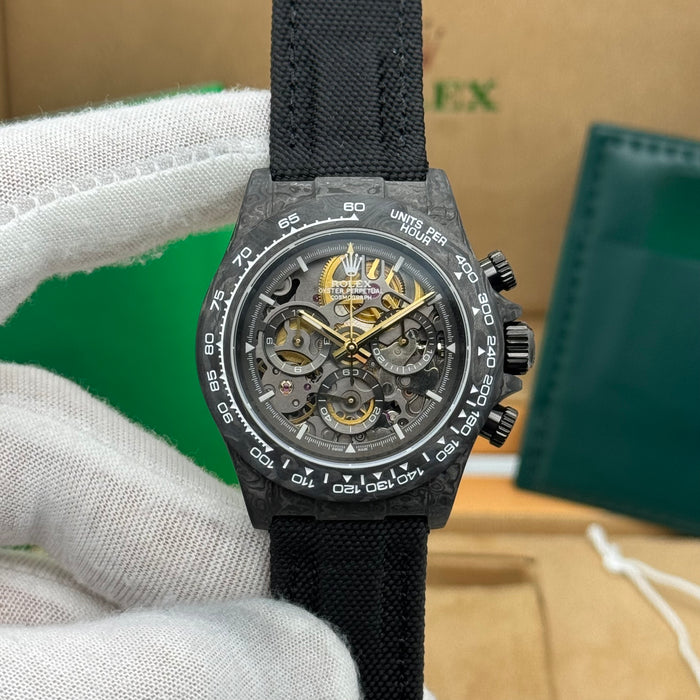 Rolex Daytouna Luxury Skeleton Carbon Chronograph Watch – Black Case | Swiss Automatic Style