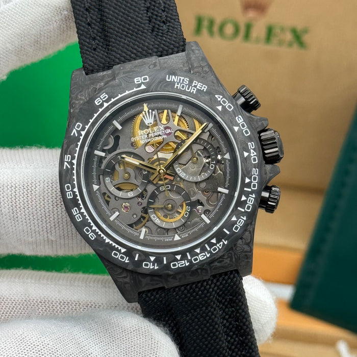 Rolex Daytouna Luxury Skeleton Carbon Chronograph Watch – Black Case | Swiss Automatic Style