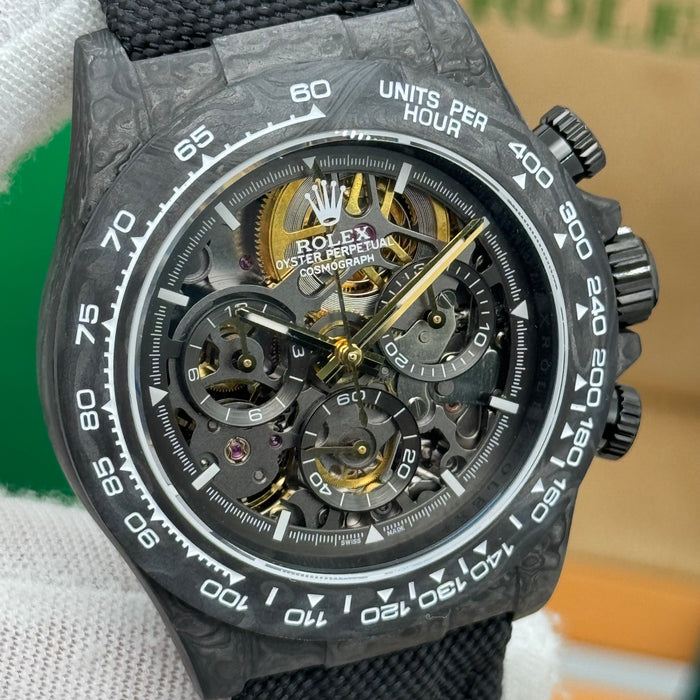 Rolex Daytouna Luxury Skeleton Carbon Chronograph Watch – Black Case | Swiss Automatic Style