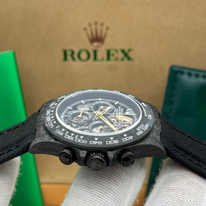 Rolex Daytouna Luxury Skeleton Carbon Chronograph Watch – Black Case | Swiss Automatic Style
