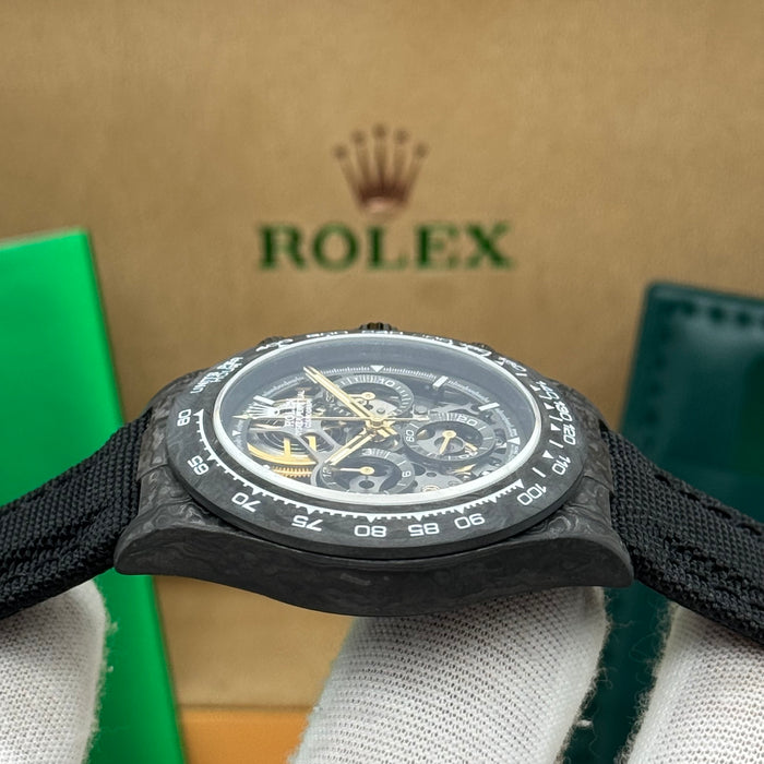 Rolex Daytouna Luxury Skeleton Carbon Chronograph Watch – Black Case | Swiss Automatic Style
