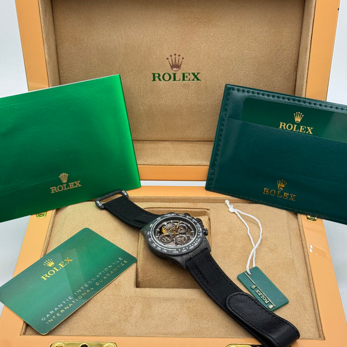Rolex Daytouna Luxury Skeleton Carbon Chronograph Watch – Black Case | Swiss Automatic Style