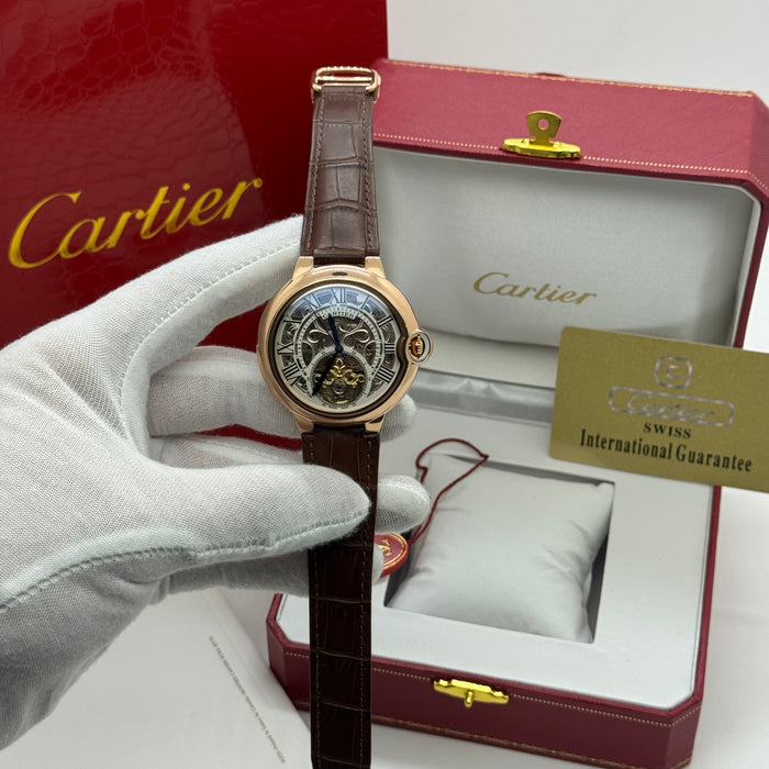 Cartier Luxury Skeleton Automatic Watch – Rose Gold Case – Roman Numerals