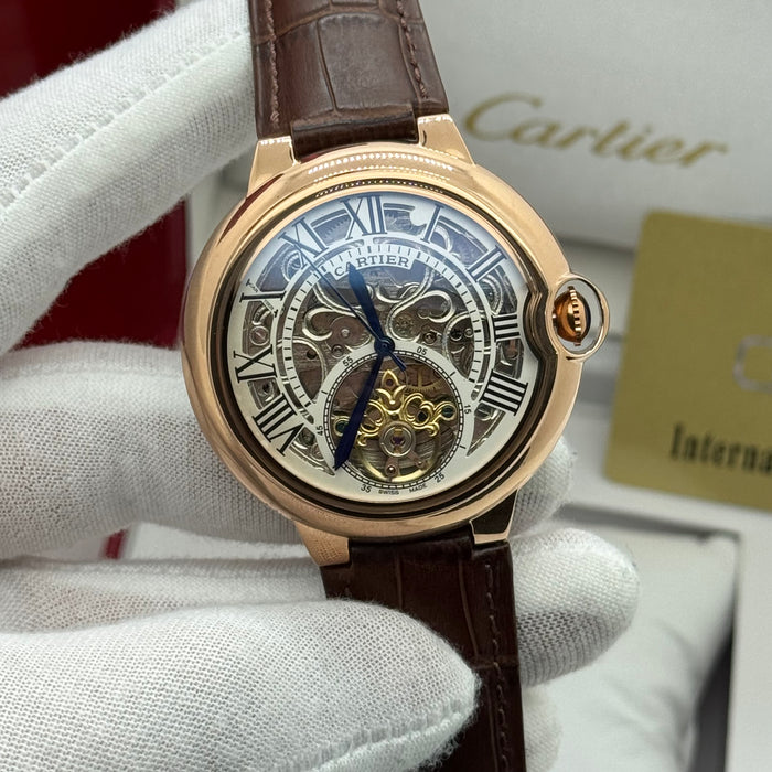 Cartier Luxury Skeleton Automatic Watch – Rose Gold Case – Roman Numerals