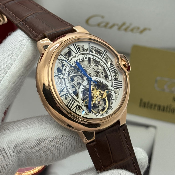 Cartier Luxury Skeleton Automatic Watch – Rose Gold Case – Roman Numerals