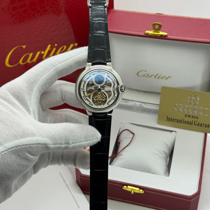 Cartier Skeleton Automatic Watch with Moonphase – Silver Case – Roman Numerals