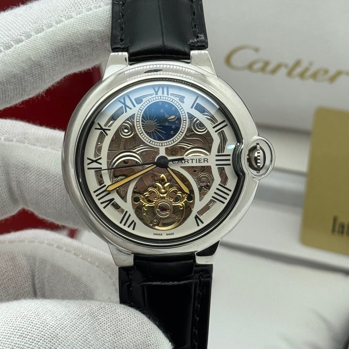 Cartier Skeleton Automatic Watch with Moonphase – Silver Case – Roman Numerals