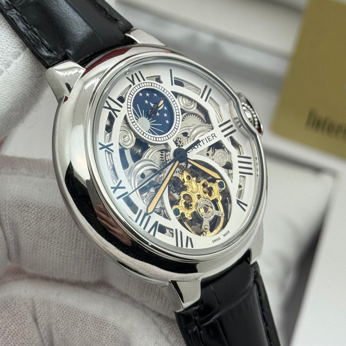 Cartier Skeleton Automatic Watch with Moonphase – Silver Case – Roman Numerals