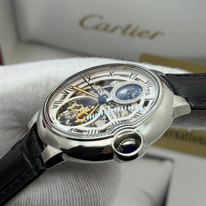 Cartier Skeleton Automatic Watch with Moonphase – Silver Case – Roman Numerals