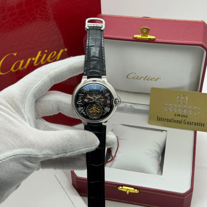 Cartier Skeleton Automatic Watch – Silver Case – Black Dial – Roman Numerals