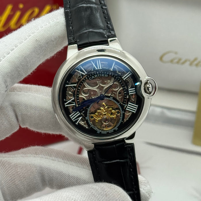 Cartier Skeleton Automatic Watch – Silver Case – Black Dial – Roman Numerals