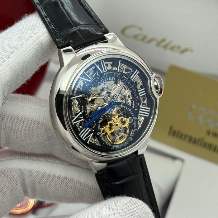 Cartier Skeleton Automatic Watch – Silver Case – Black Dial – Roman Numerals