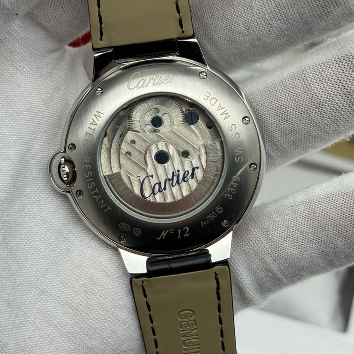 Cartier Skeleton Automatic Watch – Silver Case – Black Dial – Roman Numerals