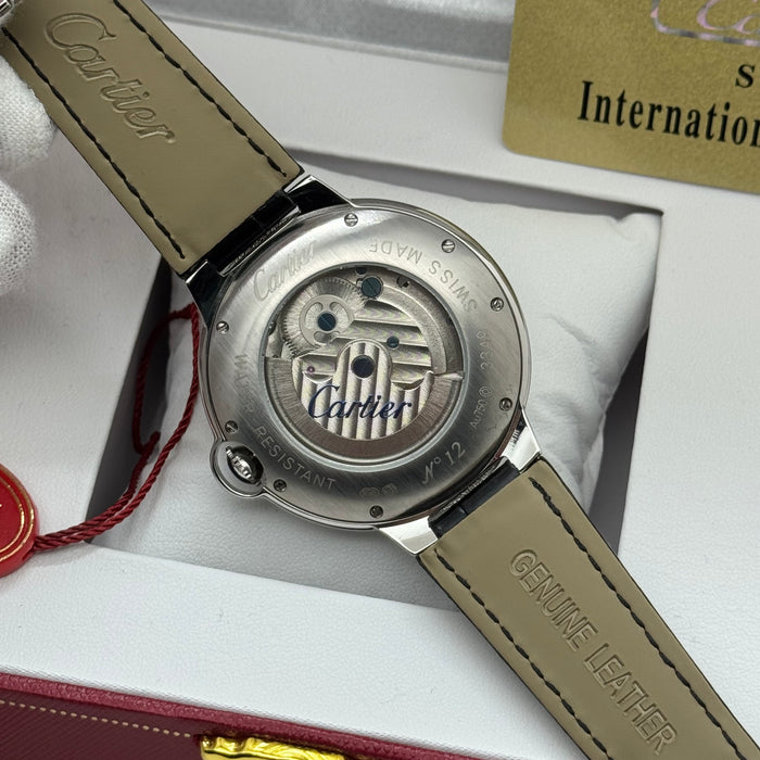 Cartier Skeleton Automatic Watch – Silver Case – Black Dial – Roman Numerals