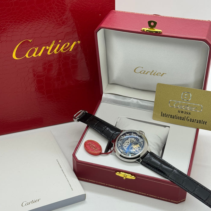 Cartier Skeleton Automatic Watch – Silver Case – Black Dial – Roman Numerals