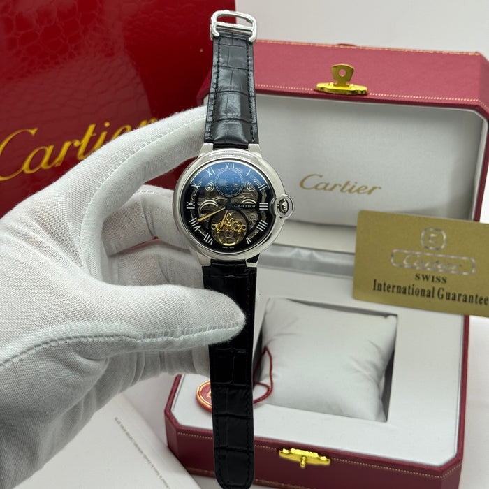 Cartier Skeleton Automatic Watch – Silver Case – Black Dial – Roman Numerals