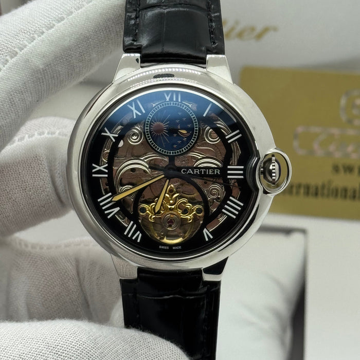 Cartier Skeleton Automatic Watch – Silver Case – Black Dial – Roman Numerals