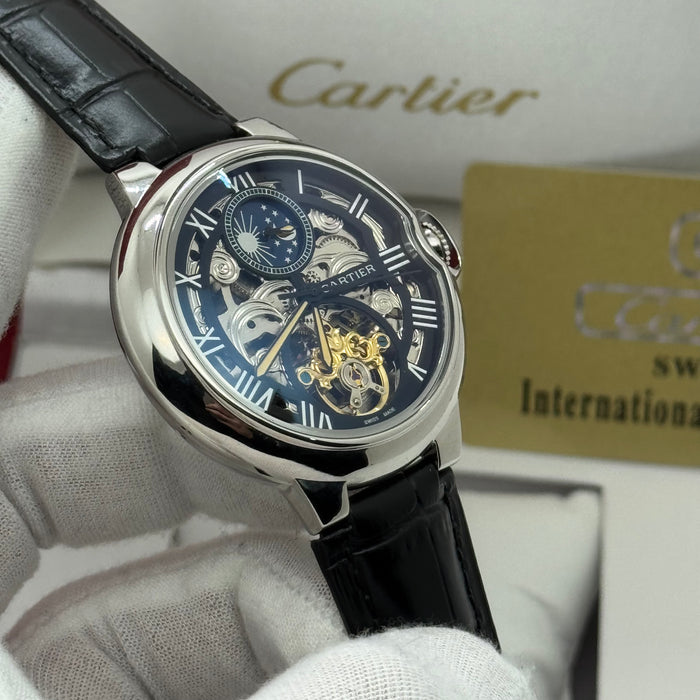 Cartier Skeleton Automatic Watch – Silver Case – Black Dial – Roman Numerals
