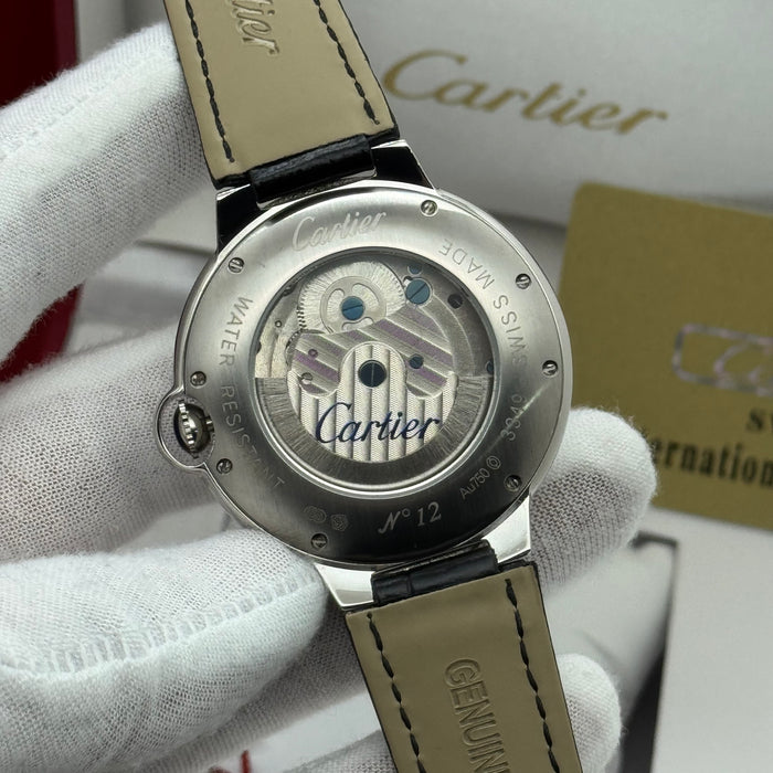 Cartier Skeleton Automatic Watch – Silver Case – Black Dial – Roman Numerals