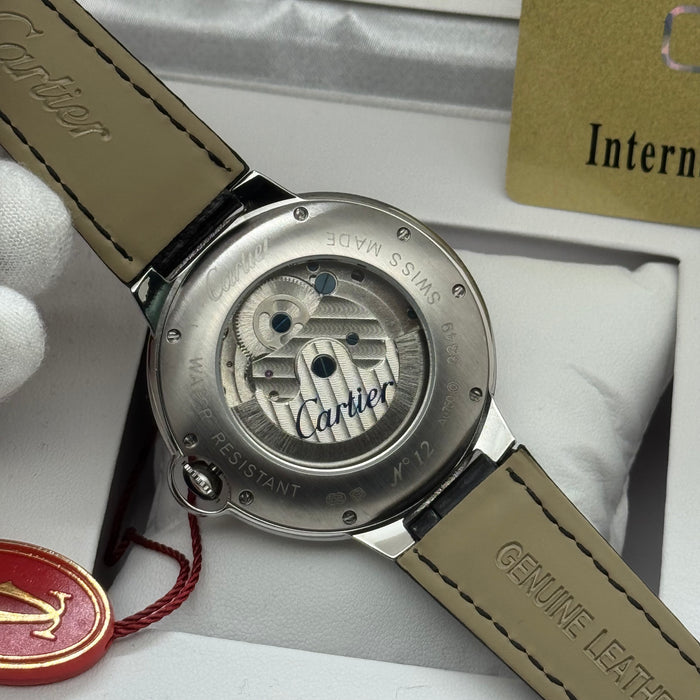 Cartier Skeleton Automatic Watch – Silver Case – Black Dial – Roman Numerals