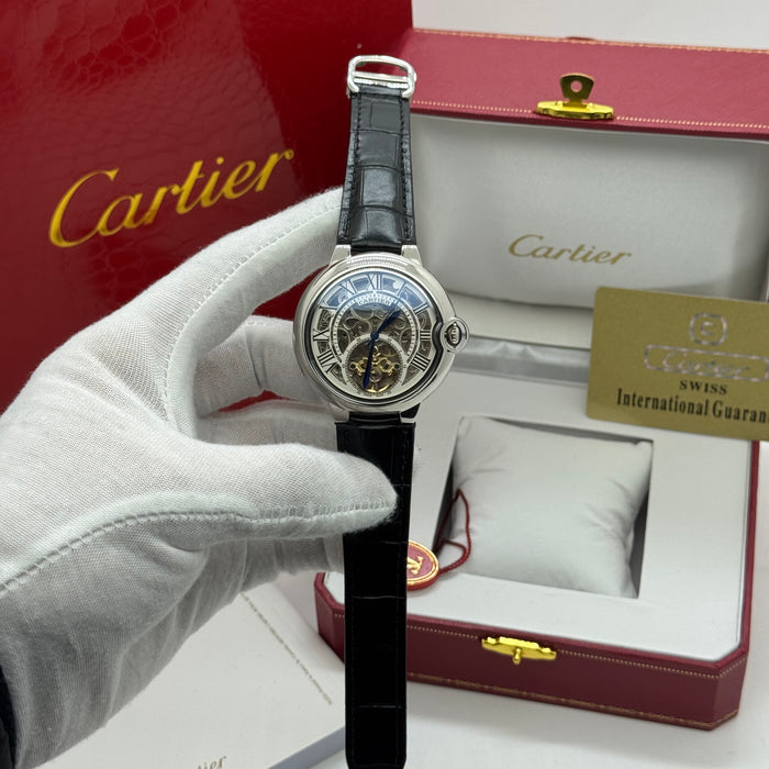 Cartier Skeleton Automatic Watch – Silver Case – Roman Numerals – Black Leather Strap