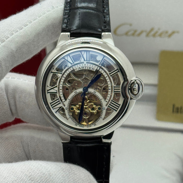 Cartier Skeleton Automatic Watch – Silver Case – Roman Numerals – Black Leather Strap