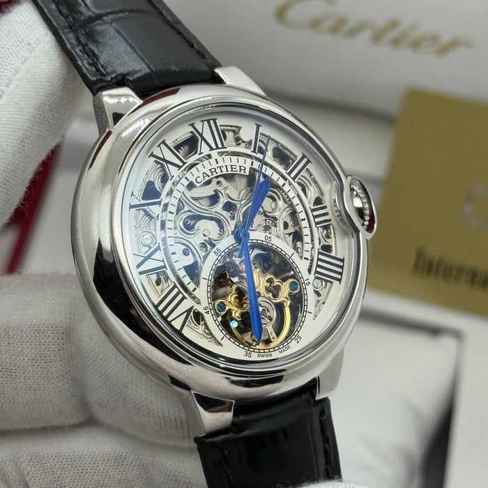 Cartier Skeleton Automatic Watch – Silver Case – Roman Numerals – Black Leather Strap
