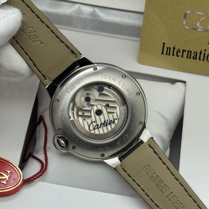 Cartier Skeleton Automatic Watch – Silver Case – Roman Numerals – Black Leather Strap