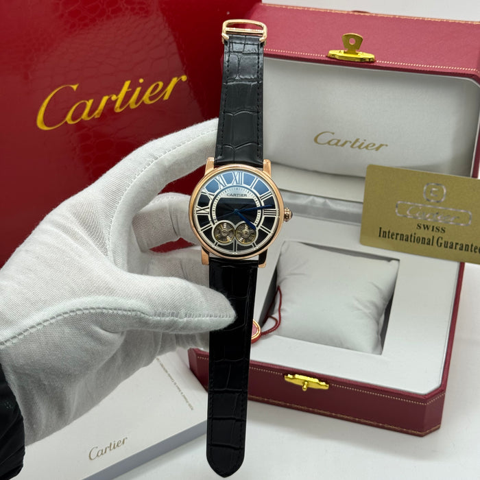 Cartier Skeleton Dual-Balance Dress Watch – Rose Gold Case, Black Leather Strap