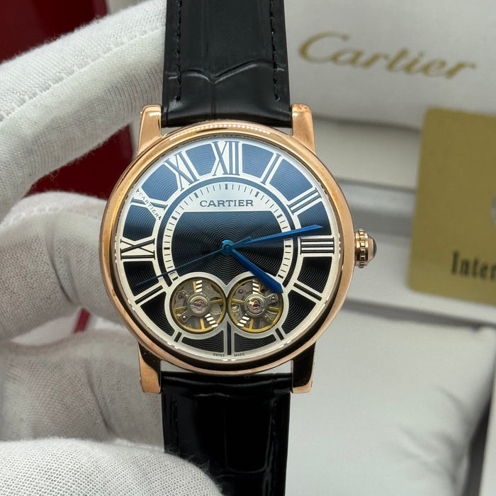 Cartier Skeleton Dual-Balance Dress Watch – Rose Gold Case, Black Leather Strap
