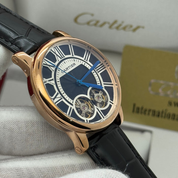 Cartier Skeleton Dual-Balance Dress Watch – Rose Gold Case, Black Leather Strap