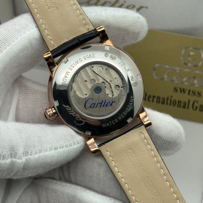 Cartier Skeleton Dual-Balance Dress Watch – Rose Gold Case, Black Leather Strap