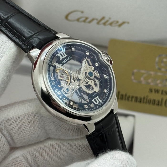 Cartier Full Skeleton Automatic Dress Watch – Silver Case, Black Leather Strap