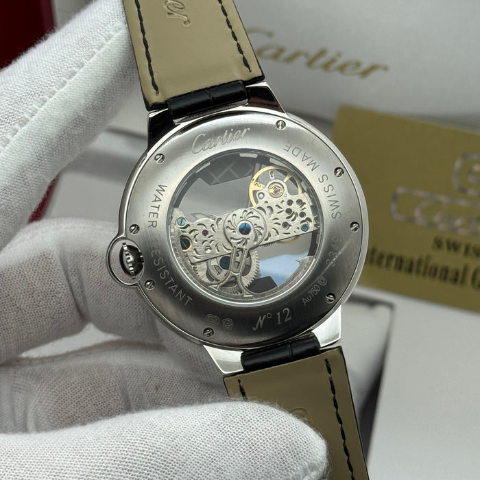 Cartier Full Skeleton Automatic Dress Watch – Silver Case, Black Leather Strap