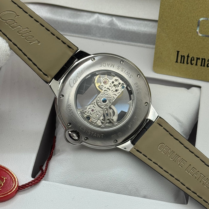 Cartier Full Skeleton Automatic Dress Watch – Silver Case, Black Leather Strap