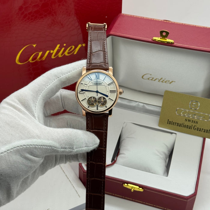 Cartier Classic Skeleton Automatic – Open Heart Dial - Rose Gold Tone - White Dial & Leather Strap