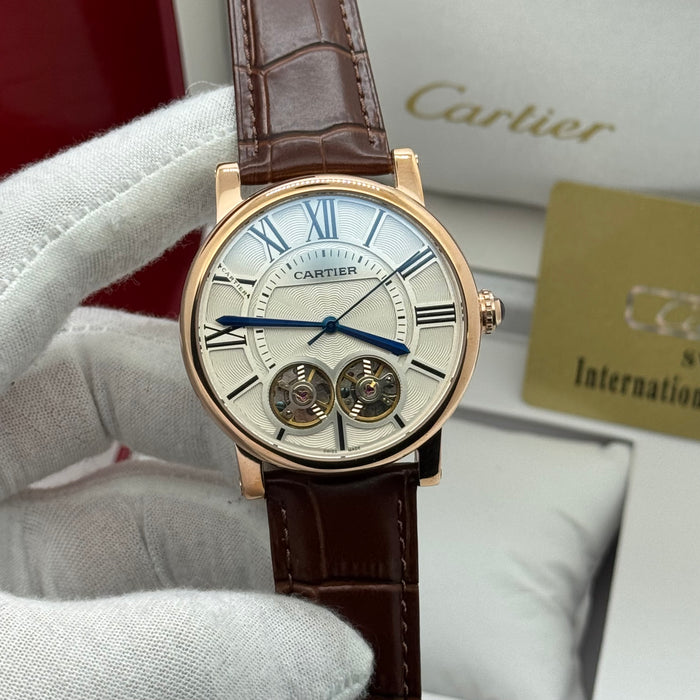 Cartier Classic Skeleton Automatic – Open Heart Dial - Rose Gold Tone - White Dial & Leather Strap
