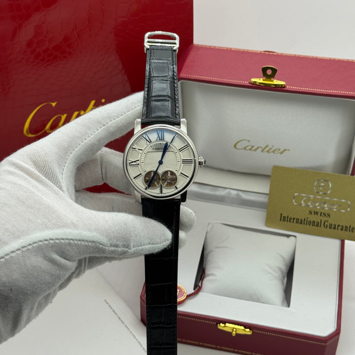 Cartier Dual Open-Balance Automatic Watch – Silver Case, Black Leather Strap