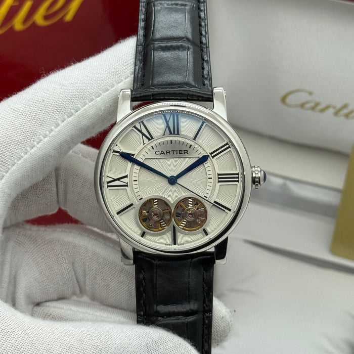 Cartier Dual Open-Balance Automatic Watch – Silver Case, Black Leather Strap