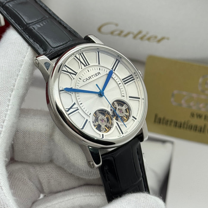 Cartier Dual Open-Balance Automatic Watch – Silver Case, Black Leather Strap